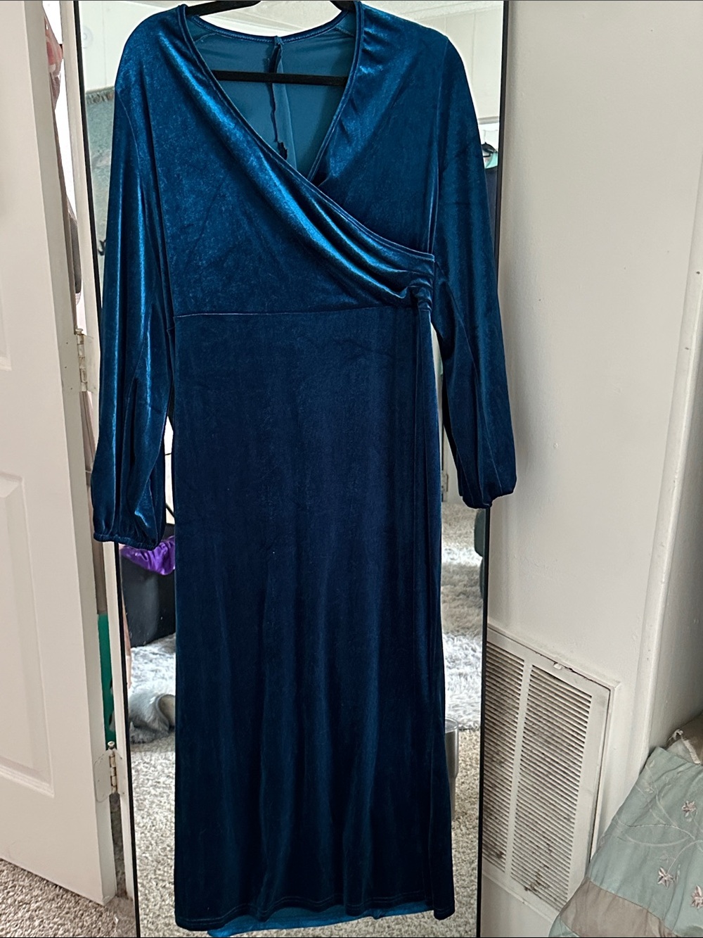 SHEIN Teal Velvet Long Sleeve Wrap Maxi Dress